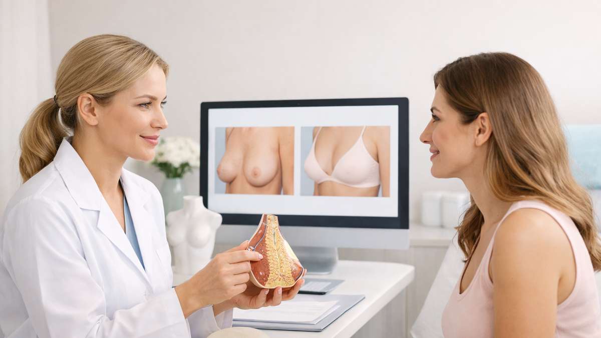 Profissional de saúde conversando com paciente, mostrando modelo anatômico e imagens em computador sobre cirurgia.