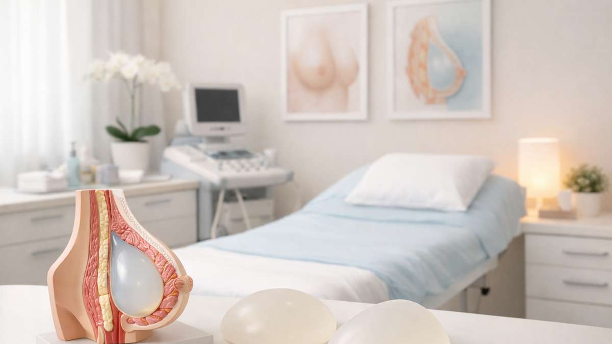 Espaço clínico com um modelo anatômico de mama e implantes mamários, equipado com ultrassom e cama de exame.