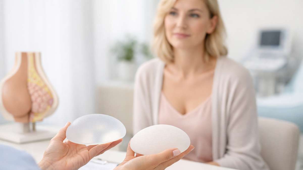 Duas próteses de silicone estão sendo mostradas a uma mulher em um ambiente de consulta médica.