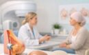 Modelo anatômico de mama em primeiro plano, enquanto médica conversa com paciente em ambiente clínico.