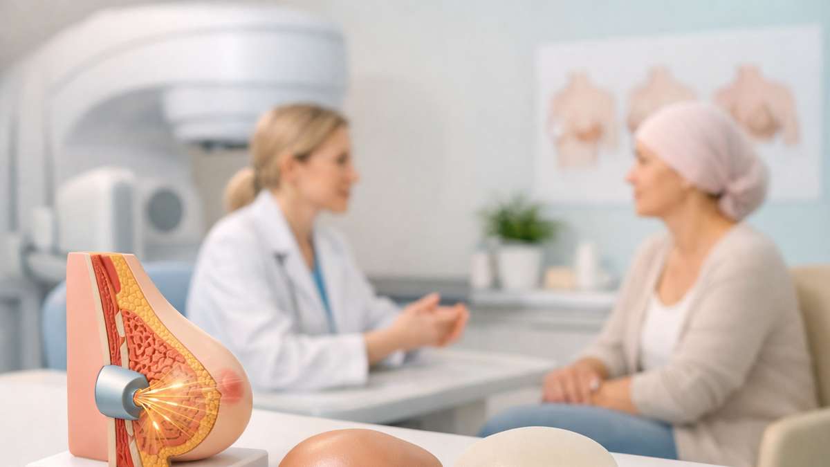 Modelo anatômico de mama em primeiro plano, enquanto médica conversa com paciente em ambiente clínico.