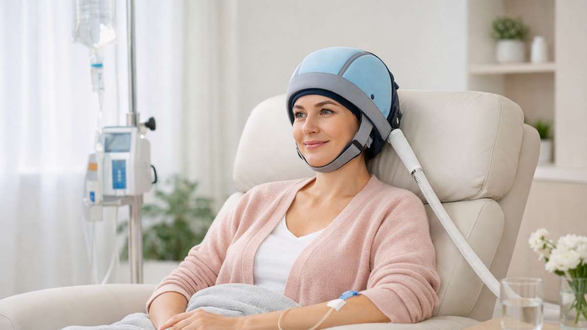 Mulher sentada em poltrona confortável, usando capacete médico, enquanto recebe tratamento intravenoso.