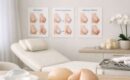 Ambiente de clínica estética com ilustrações sobre procedimentos de mama, uma maca e silicone em mesa.