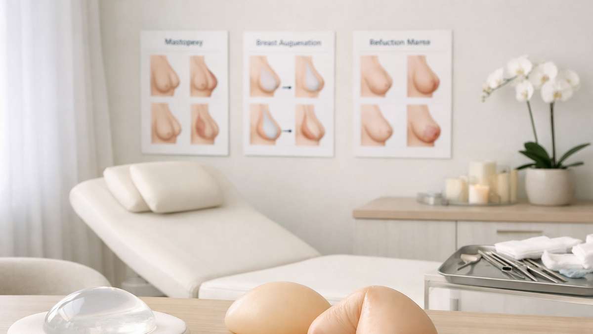 Ambiente de clínica estética com ilustrações sobre procedimentos de mama, uma maca e silicone em mesa.