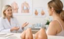 Consultório médico com duas modelos de seios em primeiro plano e duas mulheres conversando ao fundo.