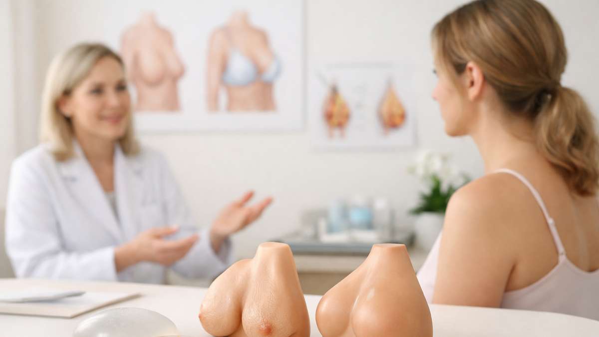 Consultório médico com duas modelos de seios em primeiro plano e duas mulheres conversando ao fundo.
