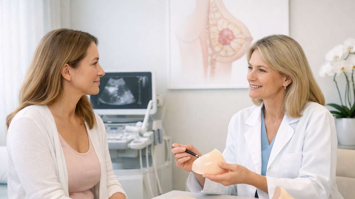 Médica conversa com paciente em consultório, mostrando modelo de silicone e ilustração sobre anatomia feminina.